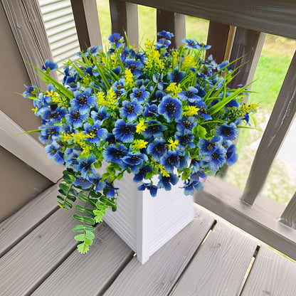 8 Bundles Artificial Flowers Outdoor Silk Fake Plants UV Resistant Faux Plastic Greenery Shrubs for Home Outside Garden Front Porch Window Box Pot Planters Decor (Blue+Yellow)