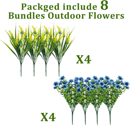 8 Bundles Artificial Flowers Outdoor Silk Fake Plants UV Resistant Faux Plastic Greenery Shrubs for Home Outside Garden Front Porch Window Box Pot Planters Decor (Blue+Yellow)