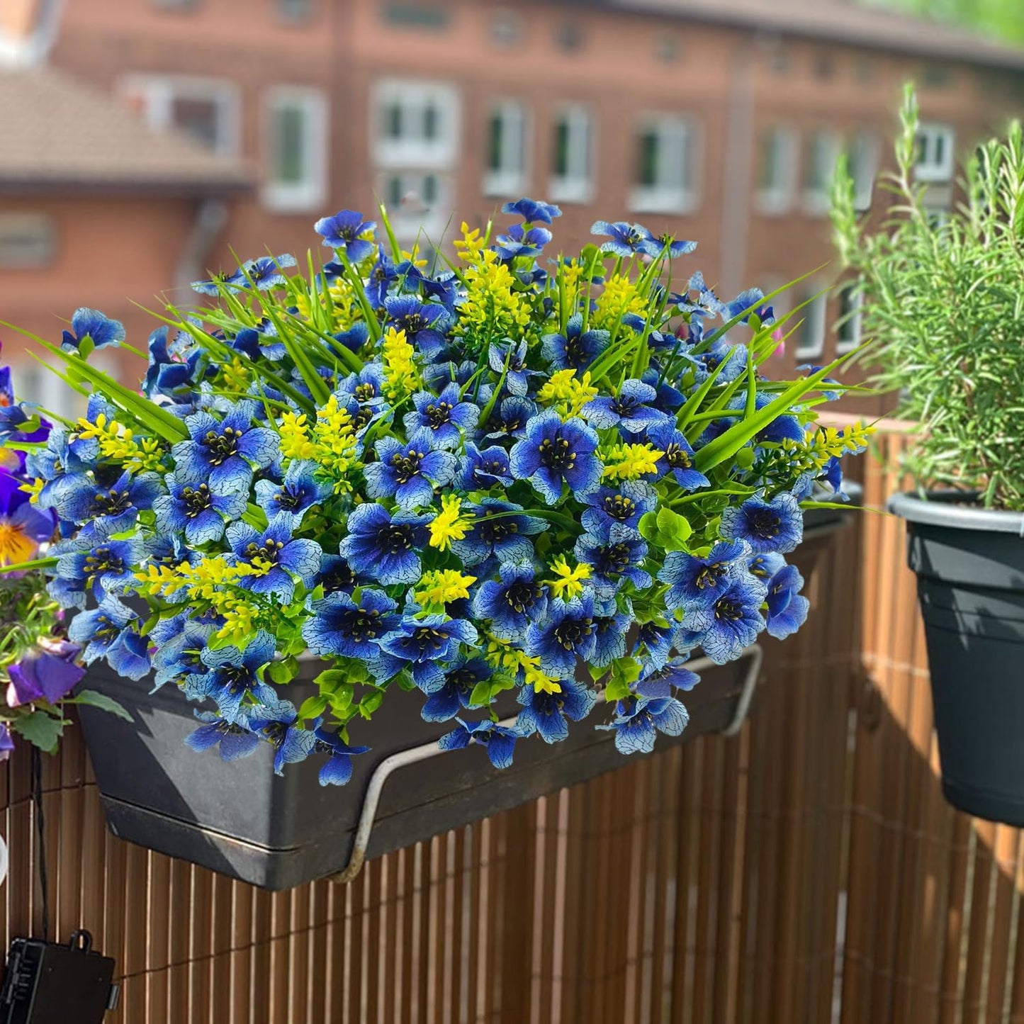 8 Bundles Artificial Flowers Outdoor Silk Fake Plants UV Resistant Faux Plastic Greenery Shrubs for Home Outside Garden Front Porch Window Box Pot Planters Decor (Blue+Yellow)