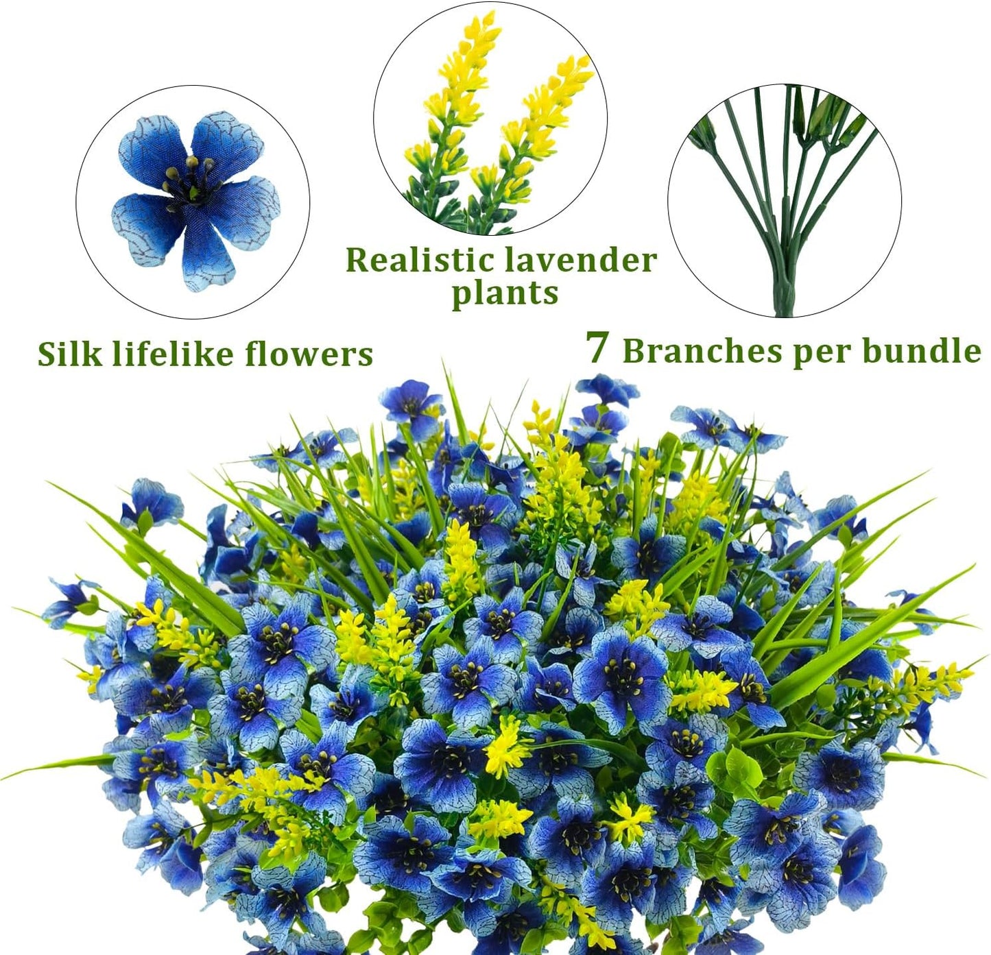 8 Bundles Artificial Flowers Outdoor Silk Fake Plants UV Resistant Faux Plastic Greenery Shrubs for Home Outside Garden Front Porch Window Box Pot Planters Decor (Blue+Yellow)