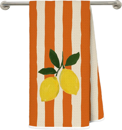 Lemon Kitchen Dish Towels, Trendy Retro Orange Striped Fruit Decorative Hand Tea Towels for Bathroom, Lemon Kitchen Bathroom Decor, 16x24 Inch