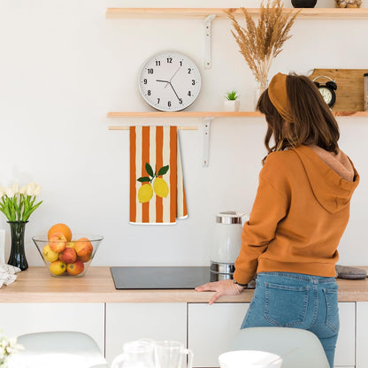 Lemon Kitchen Dish Towels, Trendy Retro Orange Striped Fruit Decorative Hand Tea Towels for Bathroom, Lemon Kitchen Bathroom Decor, 16x24 Inch