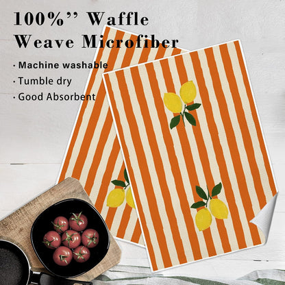 Lemon Kitchen Dish Towels, Trendy Retro Orange Striped Fruit Decorative Hand Tea Towels for Bathroom, Lemon Kitchen Bathroom Decor, 16x24 Inch