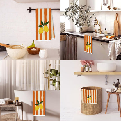 Lemon Kitchen Dish Towels, Trendy Retro Orange Striped Fruit Decorative Hand Tea Towels for Bathroom, Lemon Kitchen Bathroom Decor, 16x24 Inch