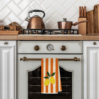 Lemon Kitchen Dish Towels, Trendy Retro Orange Striped Fruit Decorative Hand Tea Towels for Bathroom, Lemon Kitchen Bathroom Decor, 16x24 Inch