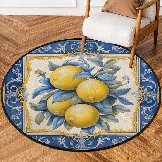 Outdoor Round Rug 5.3ft Bathroom Rugs for Men Women Living Room Kids Boys Bedroom Playroom Home Decor Sport Nursery Area Rug Circle Carpet for Patio Kitchen Balcony Porch Fruits Lemon Pattern