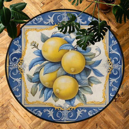 Outdoor Round Rug 5.3ft Bathroom Rugs for Men Women Living Room Kids Boys Bedroom Playroom Home Decor Sport Nursery Area Rug Circle Carpet for Patio Kitchen Balcony Porch Fruits Lemon Pattern