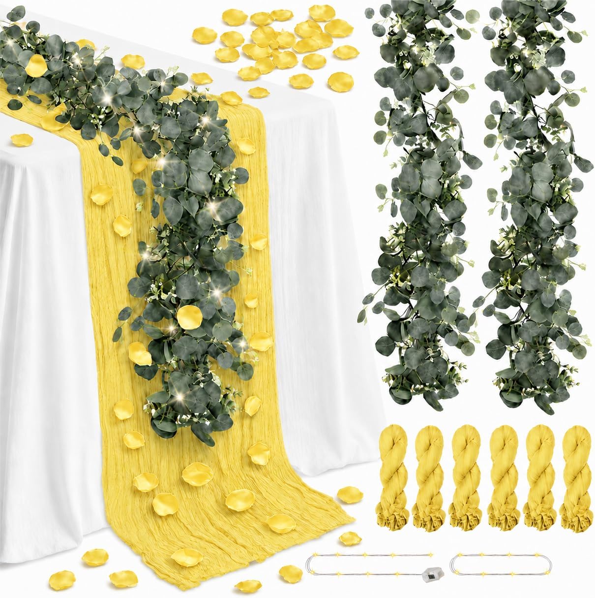11PCS Boho Cheesecloth Table Runner Set 120'' Gauze Table Runner with Wrinkled Napkins Eucalyptus Garland and String Lights for Wedding Baby Shower Tea Party Table Decorations (Lemon yellow)