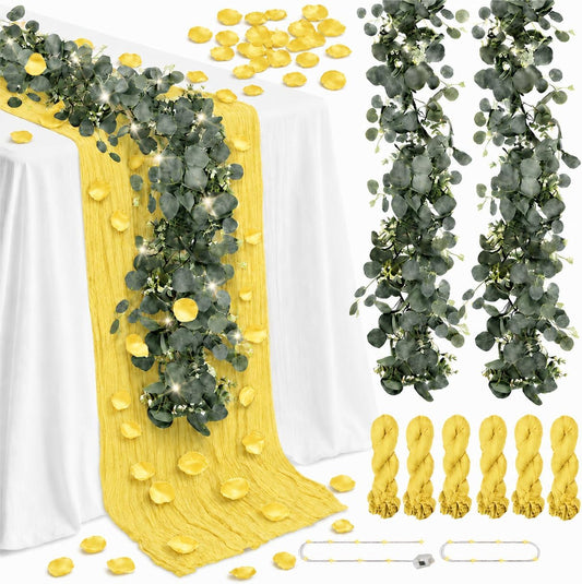 11PCS Boho Cheesecloth Table Runner Set 120'' Gauze Table Runner with Wrinkled Napkins Eucalyptus Garland and String Lights for Wedding Baby Shower Tea Party Table Decorations (Lemon yellow)