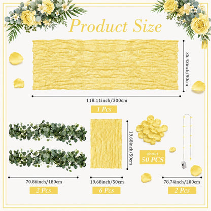 11PCS Boho Cheesecloth Table Runner Set 120'' Gauze Table Runner with Wrinkled Napkins Eucalyptus Garland and String Lights for Wedding Baby Shower Tea Party Table Decorations (Lemon yellow)