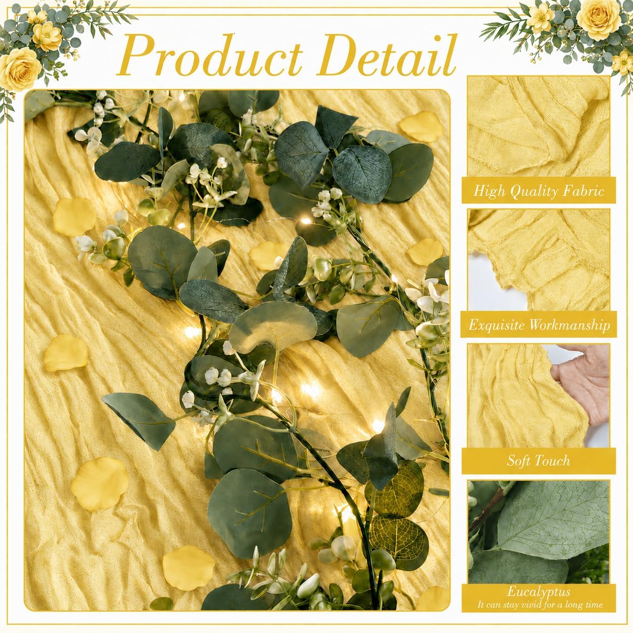 11PCS Boho Cheesecloth Table Runner Set 120'' Gauze Table Runner with Wrinkled Napkins Eucalyptus Garland and String Lights for Wedding Baby Shower Tea Party Table Decorations (Lemon yellow)