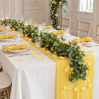 11PCS Boho Cheesecloth Table Runner Set 120'' Gauze Table Runner with Wrinkled Napkins Eucalyptus Garland and String Lights for Wedding Baby Shower Tea Party Table Decorations (Lemon yellow)