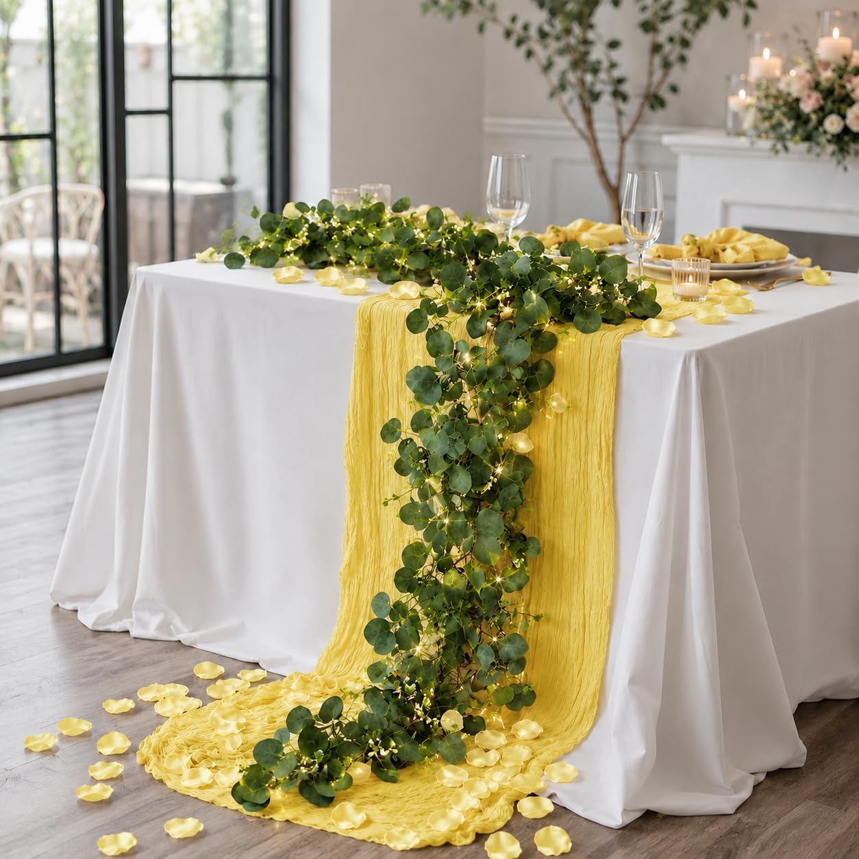 11PCS Boho Cheesecloth Table Runner Set 120'' Gauze Table Runner with Wrinkled Napkins Eucalyptus Garland and String Lights for Wedding Baby Shower Tea Party Table Decorations (Lemon yellow)