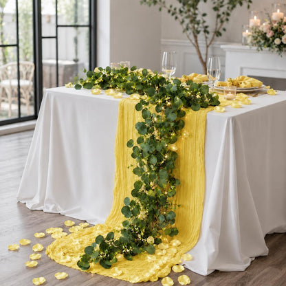 11PCS Boho Cheesecloth Table Runner Set 120'' Gauze Table Runner with Wrinkled Napkins Eucalyptus Garland and String Lights for Wedding Baby Shower Tea Party Table Decorations (Lemon yellow)