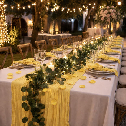 11PCS Boho Cheesecloth Table Runner Set 120'' Gauze Table Runner with Wrinkled Napkins Eucalyptus Garland and String Lights for Wedding Baby Shower Tea Party Table Decorations (Lemon yellow)