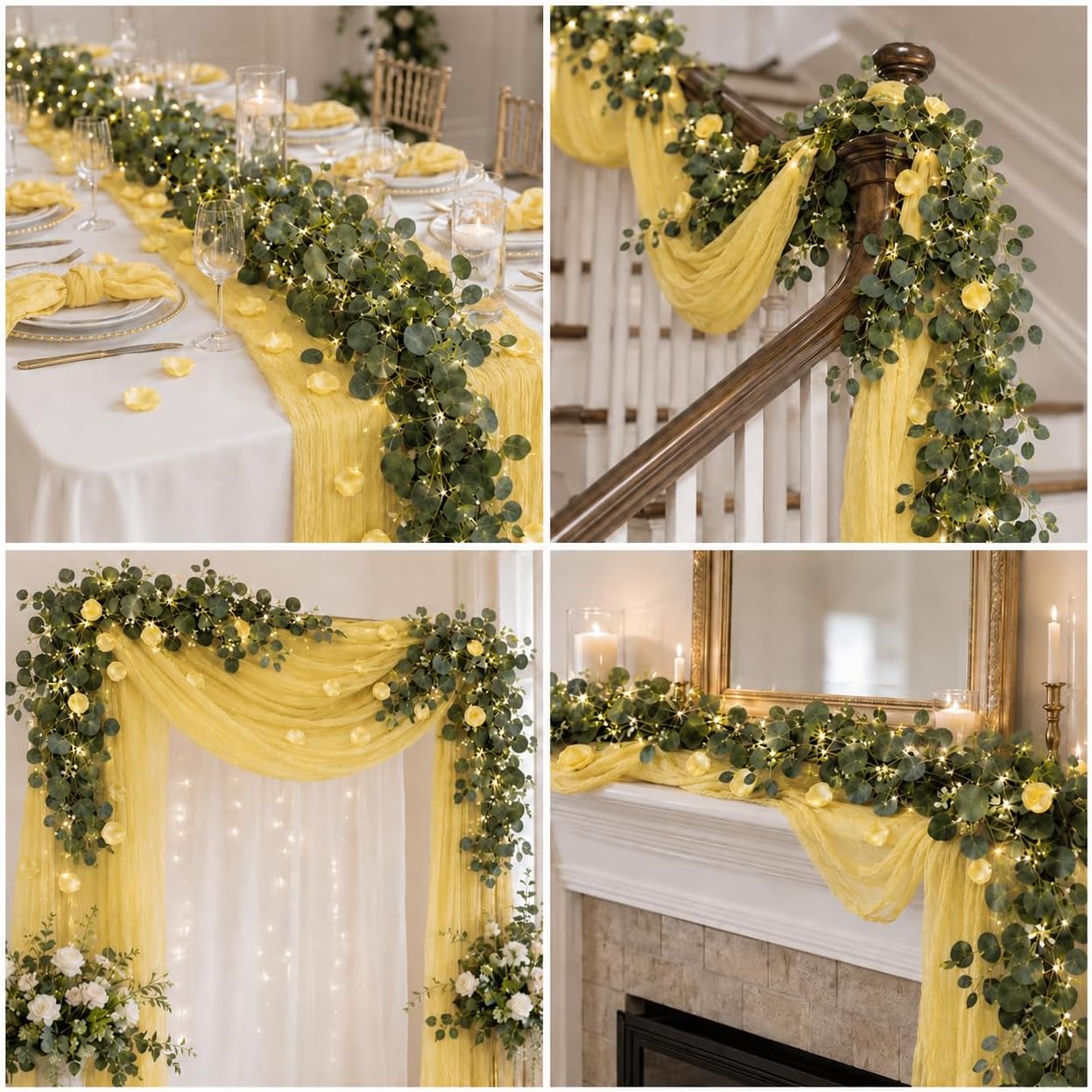 11PCS Boho Cheesecloth Table Runner Set 120'' Gauze Table Runner with Wrinkled Napkins Eucalyptus Garland and String Lights for Wedding Baby Shower Tea Party Table Decorations (Lemon yellow)
