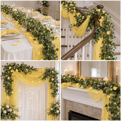 11PCS Boho Cheesecloth Table Runner Set 120'' Gauze Table Runner with Wrinkled Napkins Eucalyptus Garland and String Lights for Wedding Baby Shower Tea Party Table Decorations (Lemon yellow)