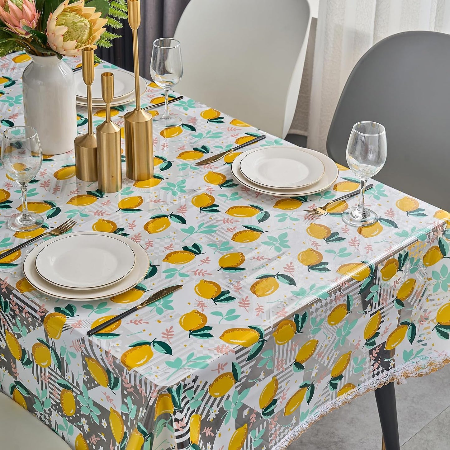 Clear Plastic Table Cover Protector with Lemon Print Pattern,Waterproof Vinyl Tablecloth,Wipeable Reusable PVC Clear Table Protecto for Rectangle Dining Tables,54" x 120"