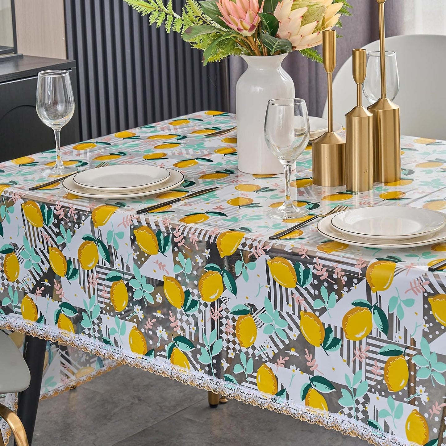 Clear Plastic Table Cover Protector with Lemon Print Pattern,Waterproof Vinyl Tablecloth,Wipeable Reusable PVC Clear Table Protecto for Rectangle Dining Tables,54" x 120"
