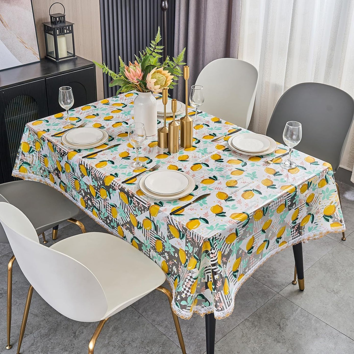 Clear Plastic Table Cover Protector with Lemon Print Pattern,Waterproof Vinyl Tablecloth,Wipeable Reusable PVC Clear Table Protecto for Rectangle Dining Tables,54" x 120"