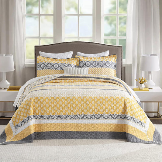 120"x120" Cotton Oversized King Bedspread Coverlet, Yellow Striped Quilt Set with Pillow Shams, Lightweight Farmhouse Reversible Quilted Bedspreads, All Season, 3 Piece