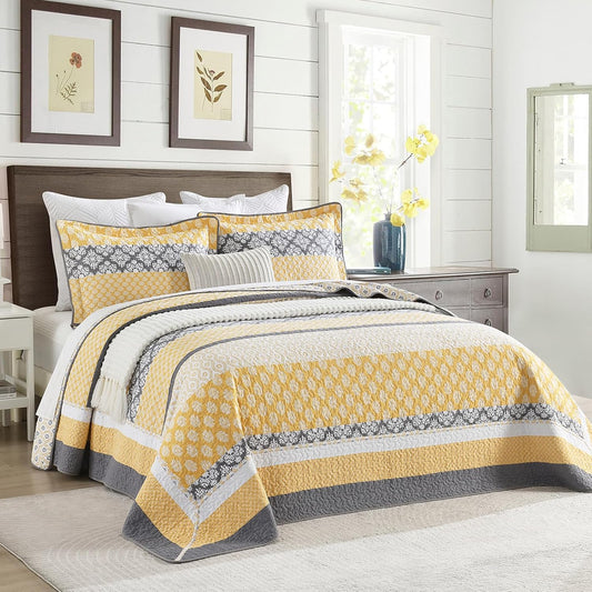 120"x120" Cotton Oversized King Bedspread Coverlet, Yellow Striped Quilt Set with Pillow Shams, Lightweight Farmhouse Reversible Quilted Bedspreads, All Season, 3 Piece