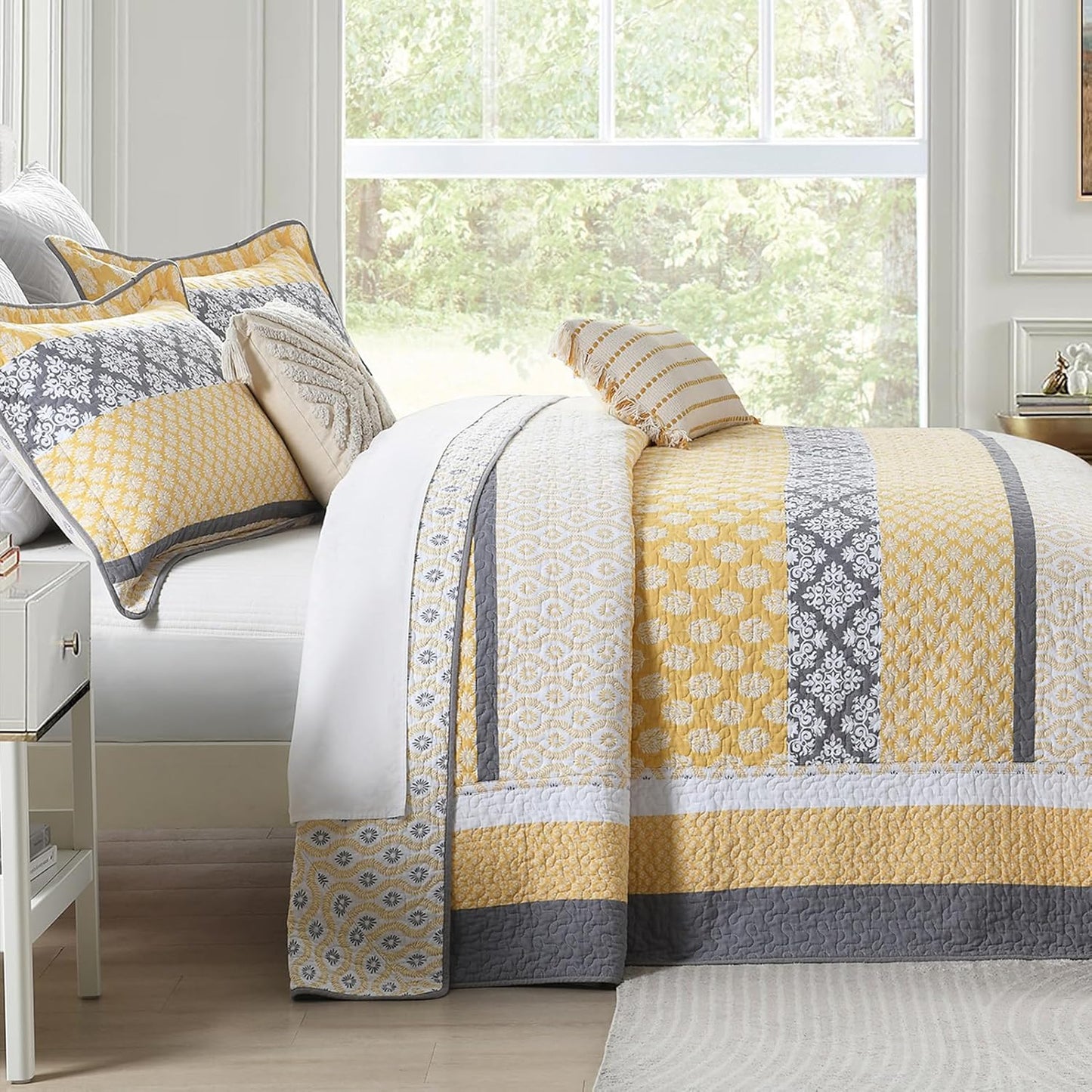 120"x120" Cotton Oversized King Bedspread Coverlet, Yellow Striped Quilt Set with Pillow Shams, Lightweight Farmhouse Reversible Quilted Bedspreads, All Season, 3 Piece