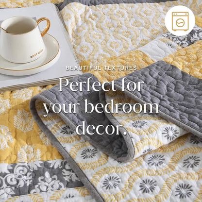 120"x120" Cotton Oversized King Bedspread Coverlet, Yellow Striped Quilt Set with Pillow Shams, Lightweight Farmhouse Reversible Quilted Bedspreads, All Season, 3 Piece