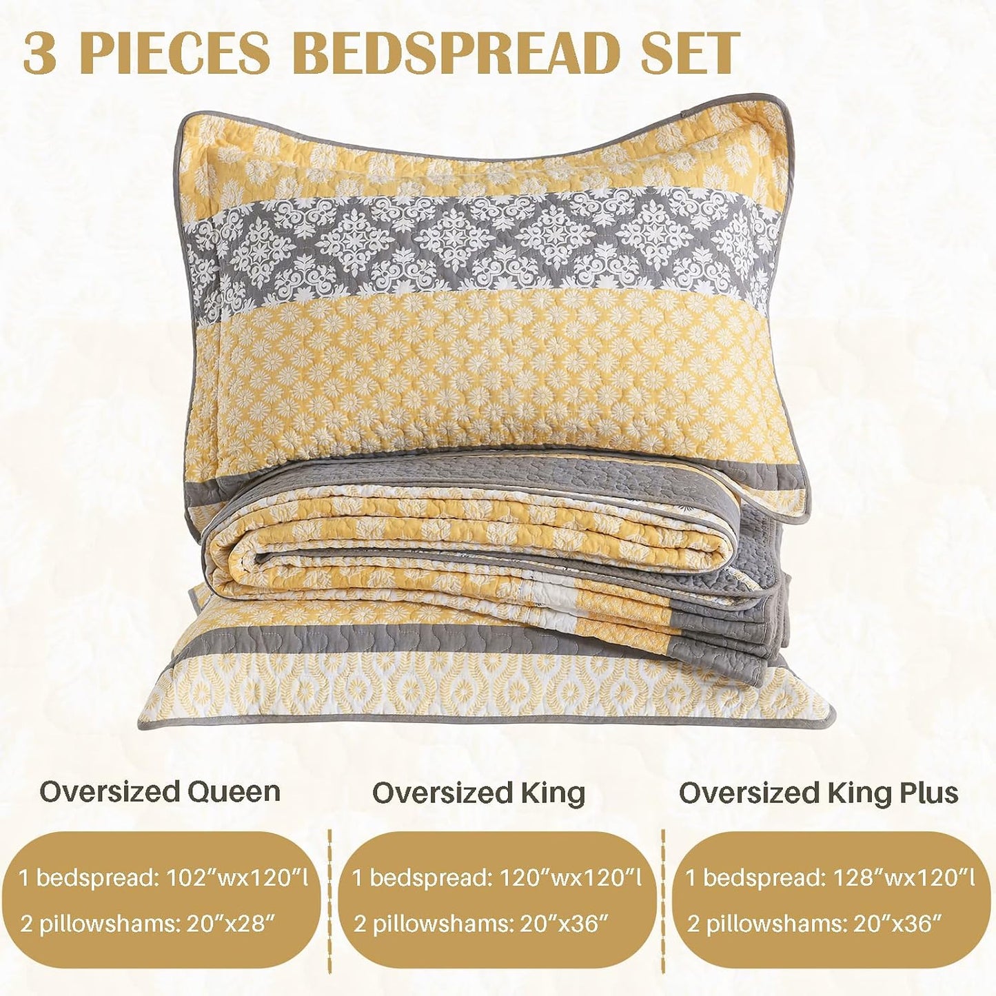 120"x120" Cotton Oversized King Bedspread Coverlet, Yellow Striped Quilt Set with Pillow Shams, Lightweight Farmhouse Reversible Quilted Bedspreads, All Season, 3 Piece
