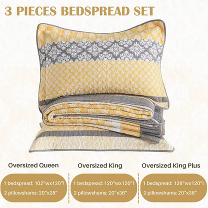 120"x120" Cotton Oversized King Bedspread Coverlet, Yellow Striped Quilt Set with Pillow Shams, Lightweight Farmhouse Reversible Quilted Bedspreads, All Season, 3 Piece