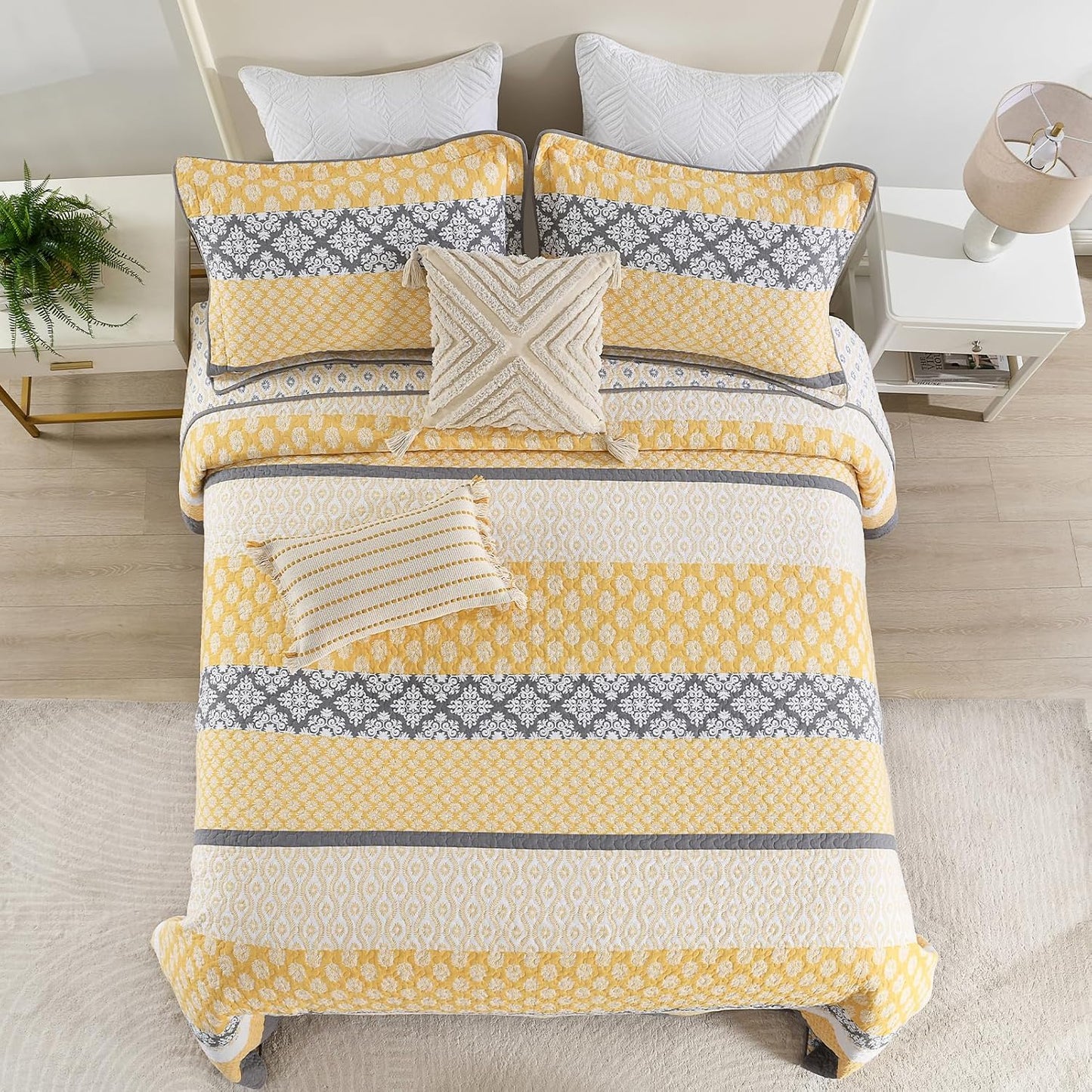 120"x120" Cotton Oversized King Bedspread Coverlet, Yellow Striped Quilt Set with Pillow Shams, Lightweight Farmhouse Reversible Quilted Bedspreads, All Season, 3 Piece