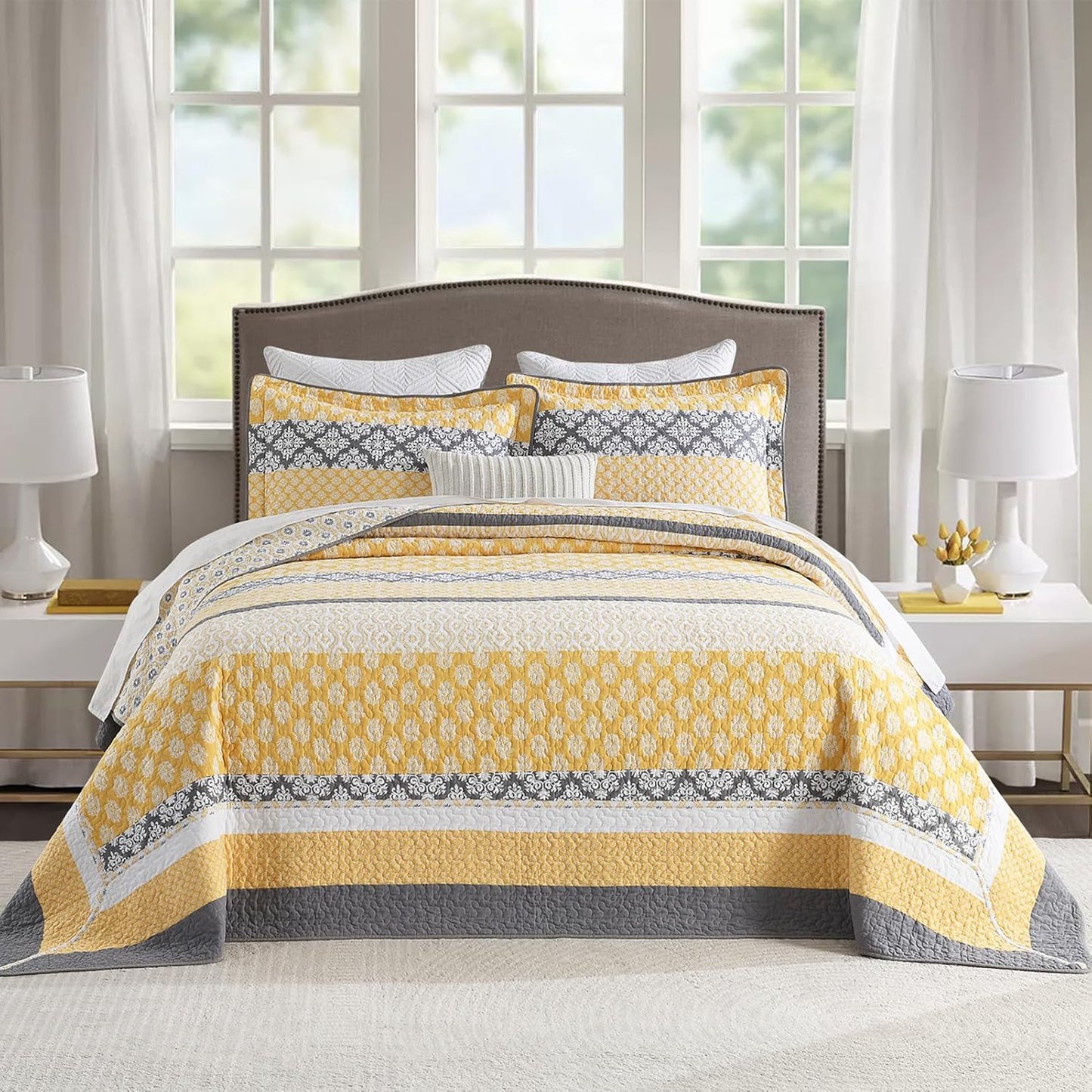 120"x120" Cotton Oversized King Bedspread Coverlet, Yellow Striped Quilt Set with Pillow Shams, Lightweight Farmhouse Reversible Quilted Bedspreads, All Season, 3 Piece
