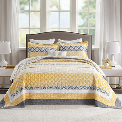 120"x120" Cotton Oversized King Bedspread Coverlet, Yellow Striped Quilt Set with Pillow Shams, Lightweight Farmhouse Reversible Quilted Bedspreads, All Season, 3 Piece