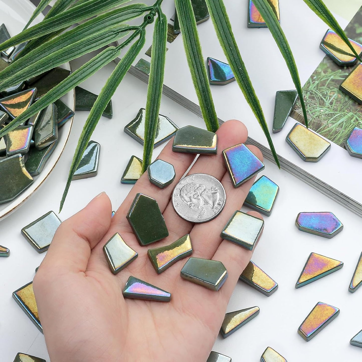 Iridescent Glass Mosaic Tiles for Crafts Bulk,200g Yellow Broken Mosaic Glass Pieces for Garden Crafts Kits,DIY Mosaic Art Decor