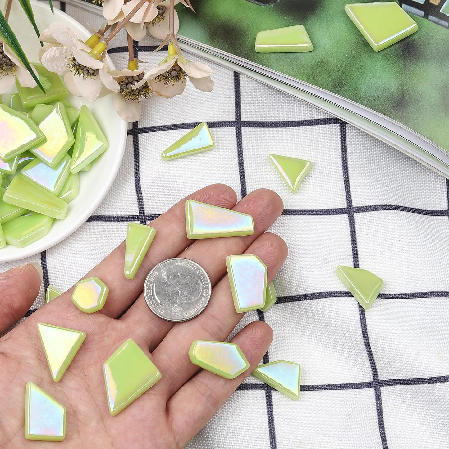 Iridescent Glass Mosaic Tiles for Crafts Bulk,200g Yellow Broken Mosaic Glass Pieces for Garden Crafts Kits,DIY Mosaic Art Decor