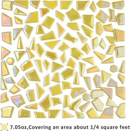 Iridescent Glass Mosaic Tiles for Crafts Bulk,200g Yellow Broken Mosaic Glass Pieces for Garden Crafts Kits,DIY Mosaic Art Decor