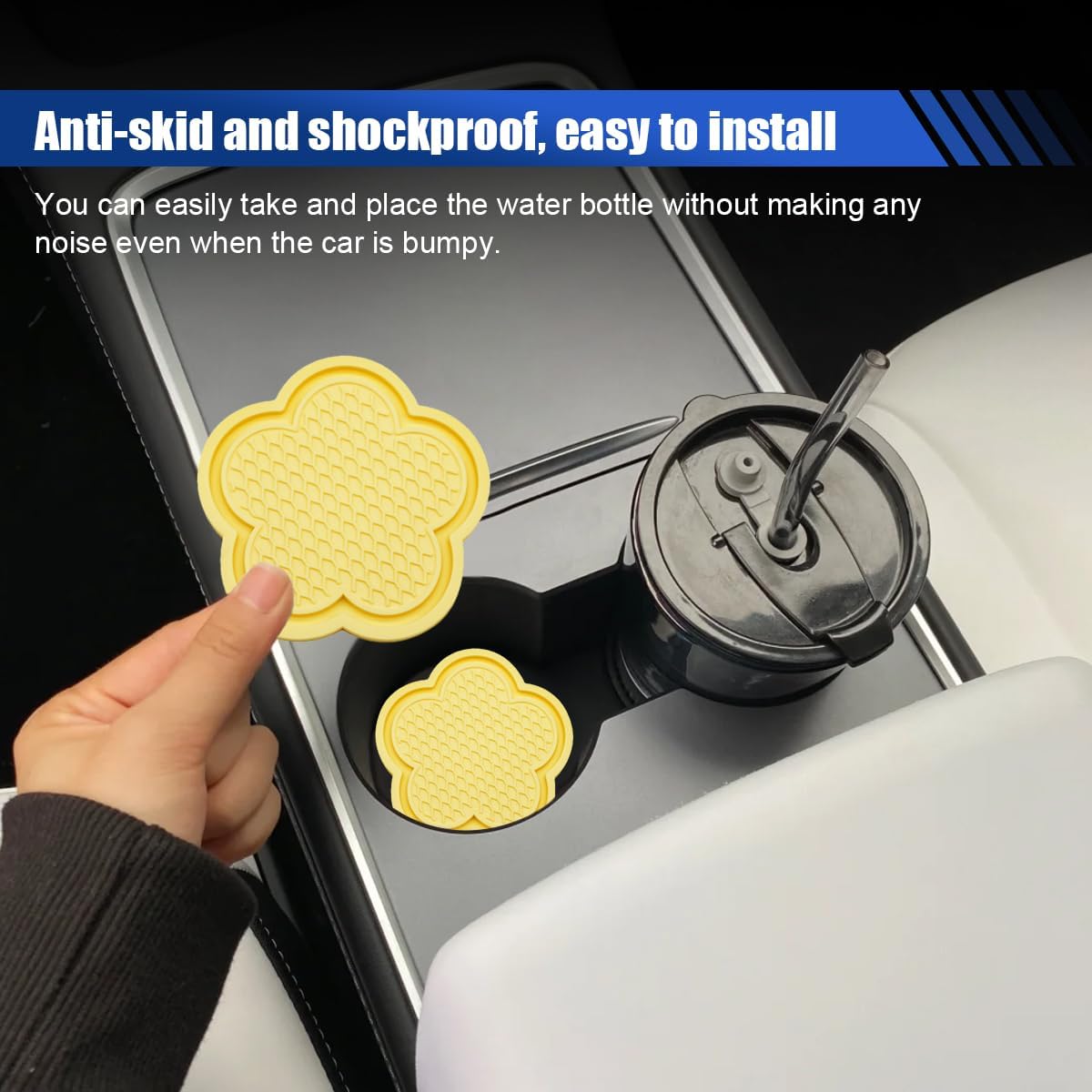 4PCS Car Cup Holder Coasters, Anti-Slip Flower Shaped Car Cup Holder Mat, Car Beverage Coaster, Cup Holder Insert Ornaments Coaster, Universal Car Interior Decor Accessories (Yellow)