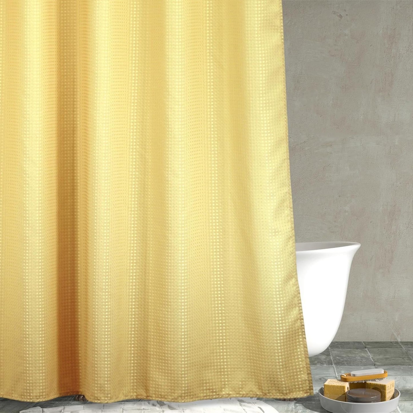 Yellow Shower Curtain for Bathroom: Water Repellent Heavy Duty, 72"Lx72"W | Waffle Weave Textured 256GSM Weighted Polyester Fabric Bath Curtain, Solid Hotel Luxury, Thick, Machine Washable, Opaque