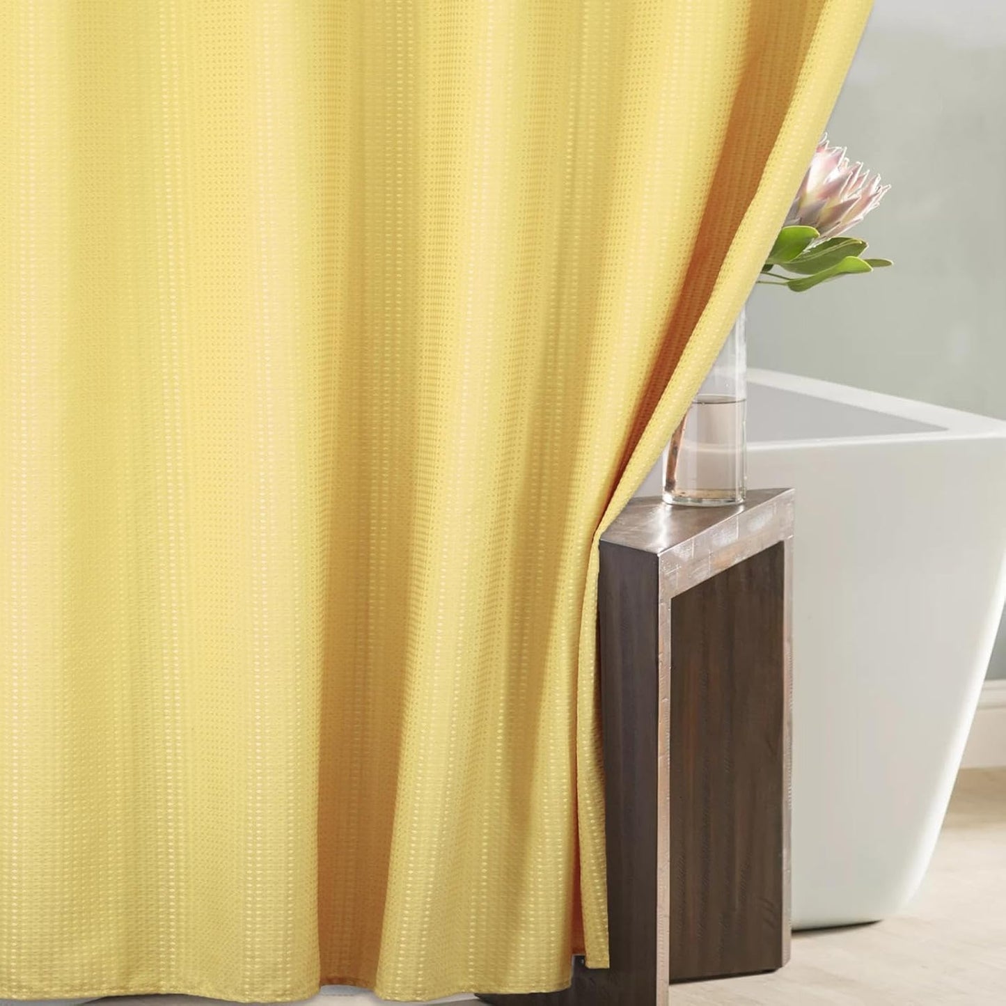Yellow Shower Curtain for Bathroom: Water Repellent Heavy Duty, 72"Lx72"W | Waffle Weave Textured 256GSM Weighted Polyester Fabric Bath Curtain, Solid Hotel Luxury, Thick, Machine Washable, Opaque