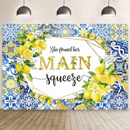 7x5ft Lemon Bridal Shower Backdrop She Found Her Main Squeeze Engagement Party Photography Background Blue Tile Floral Print Decoration Bachelorette Bride To Be Wedding Photoshoot Prop Supplies