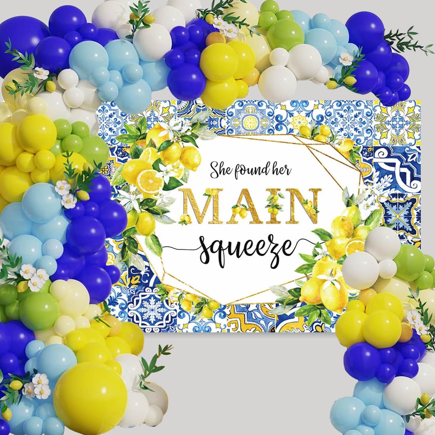 7x5ft Lemon Bridal Shower Backdrop She Found Her Main Squeeze Engagement Party Photography Background Blue Tile Floral Print Decoration Bachelorette Bride To Be Wedding Photoshoot Prop Supplies