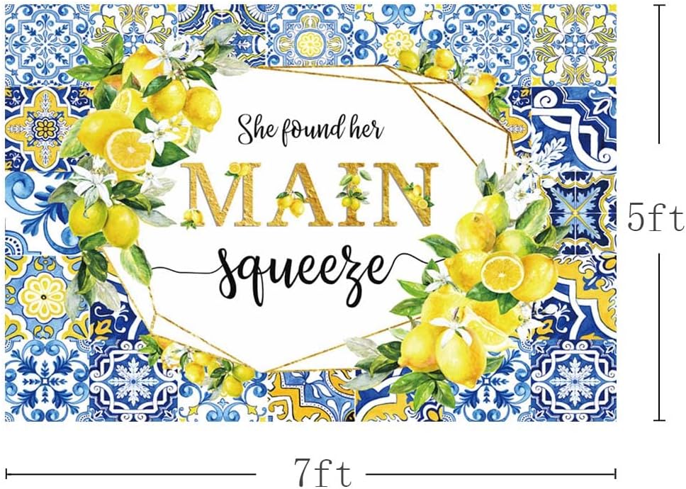 7x5ft Lemon Bridal Shower Backdrop She Found Her Main Squeeze Engagement Party Photography Background Blue Tile Floral Print Decoration Bachelorette Bride To Be Wedding Photoshoot Prop Supplies