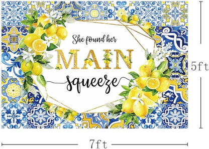 7x5ft Lemon Bridal Shower Backdrop She Found Her Main Squeeze Engagement Party Photography Background Blue Tile Floral Print Decoration Bachelorette Bride To Be Wedding Photoshoot Prop Supplies