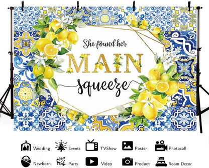 7x5ft Lemon Bridal Shower Backdrop She Found Her Main Squeeze Engagement Party Photography Background Blue Tile Floral Print Decoration Bachelorette Bride To Be Wedding Photoshoot Prop Supplies