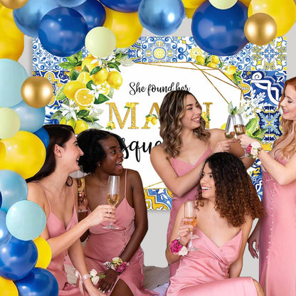 7x5ft Lemon Bridal Shower Backdrop She Found Her Main Squeeze Engagement Party Photography Background Blue Tile Floral Print Decoration Bachelorette Bride To Be Wedding Photoshoot Prop Supplies