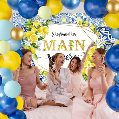 7x5ft Lemon Bridal Shower Backdrop She Found Her Main Squeeze Engagement Party Photography Background Blue Tile Floral Print Decoration Bachelorette Bride To Be Wedding Photoshoot Prop Supplies