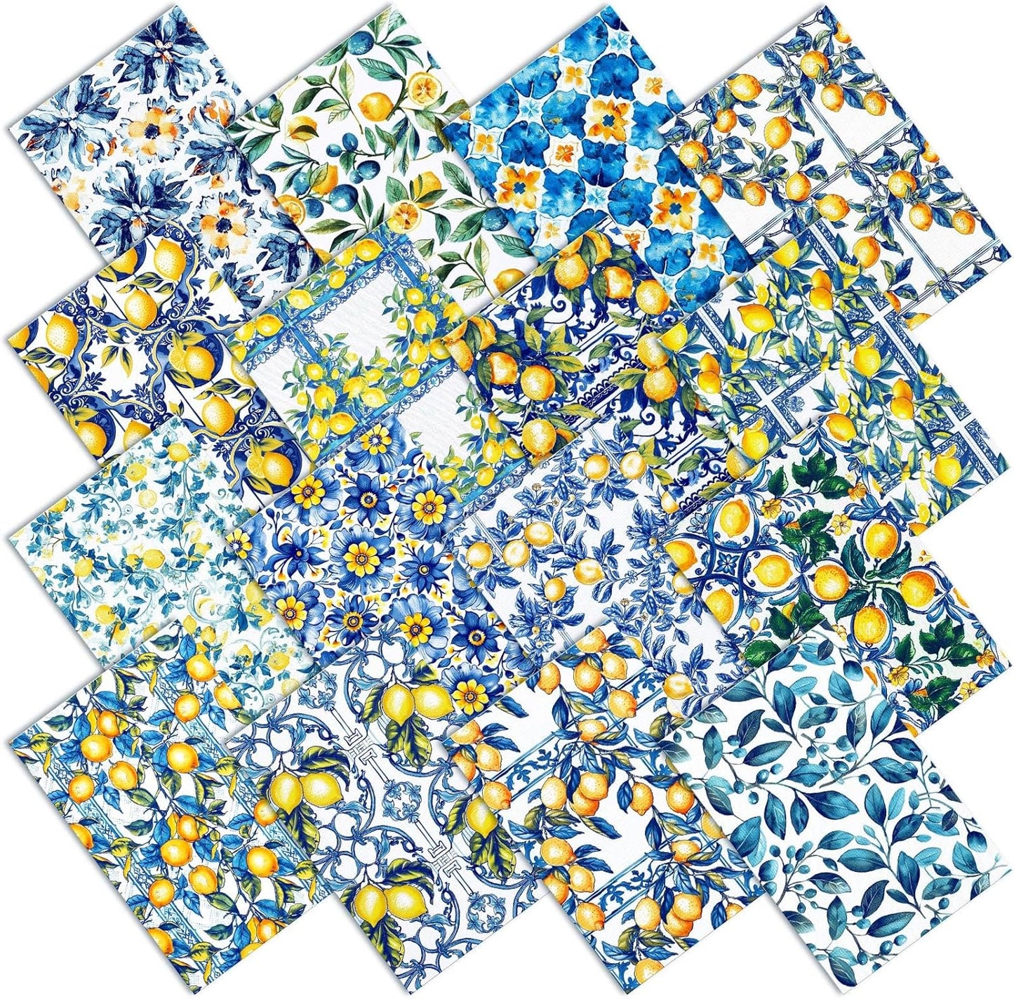 16pcs 18 x 22 Inch Chinoiserie Lemon Quilting Fabric Bundles Blue White Yellow Fat Squares Patchwork Porcelain Floral Precut Strips Fabric Materials for Holiday Crafting DIY Craft Sewing