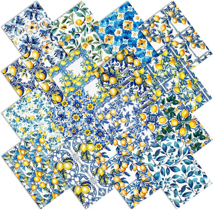 16pcs 18 x 22 Inch Chinoiserie Lemon Quilting Fabric Bundles Blue White Yellow Fat Squares Patchwork Porcelain Floral Precut Strips Fabric Materials for Holiday Crafting DIY Craft Sewing