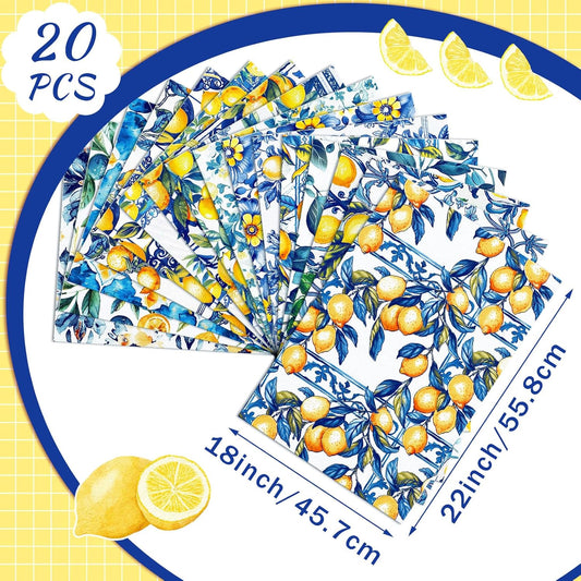 16pcs 18 x 22 Inch Chinoiserie Lemon Quilting Fabric Bundles Blue White Yellow Fat Squares Patchwork Porcelain Floral Precut Strips Fabric Materials for Holiday Crafting DIY Craft Sewing