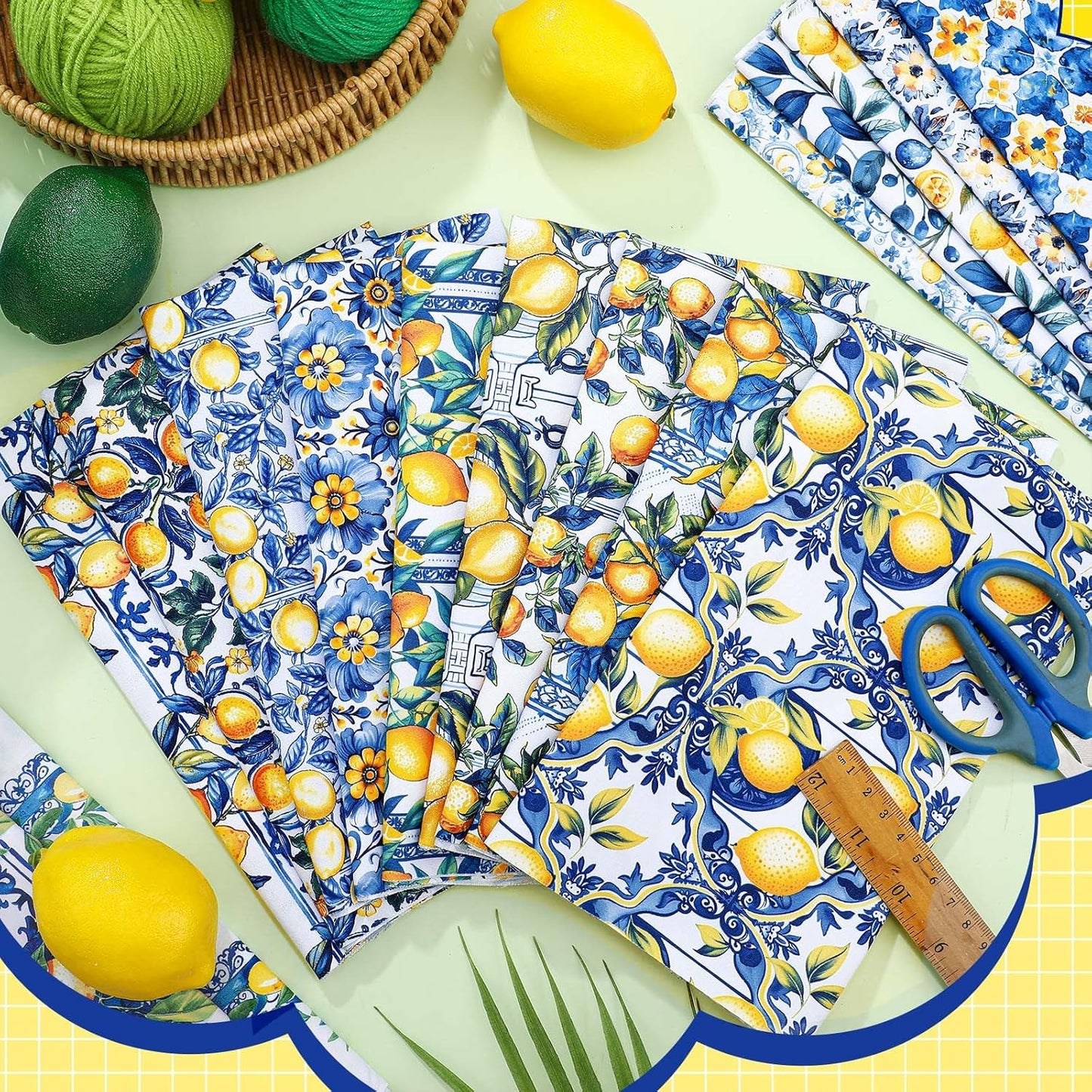 16pcs 18 x 22 Inch Chinoiserie Lemon Quilting Fabric Bundles Blue White Yellow Fat Squares Patchwork Porcelain Floral Precut Strips Fabric Materials for Holiday Crafting DIY Craft Sewing